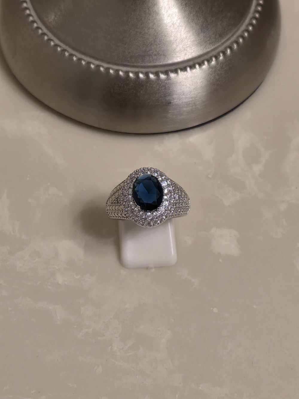 Silver CZ and Sapphire Oval Cut Ring Size 9